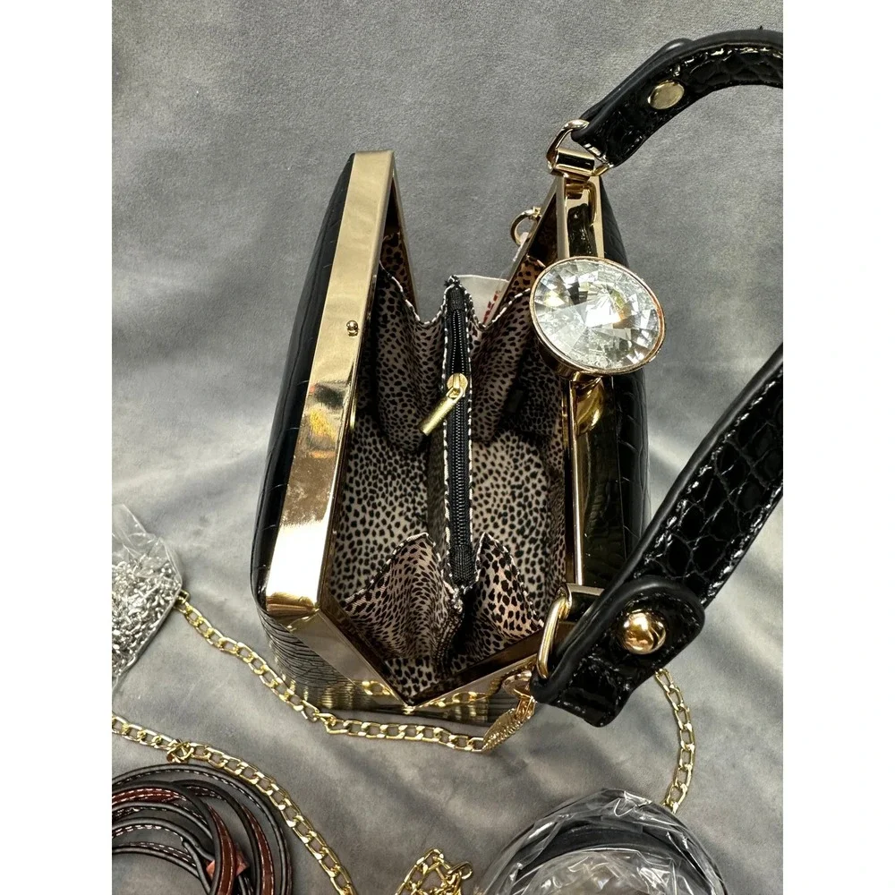 NWT Box Clutch Bag Black Croc Embossed Small Evening‎ Wedding Party